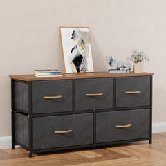 Lukzer 5-Drawer Fabric Storage Organizer for Closet (MMR-003/Black & Oak Brown)