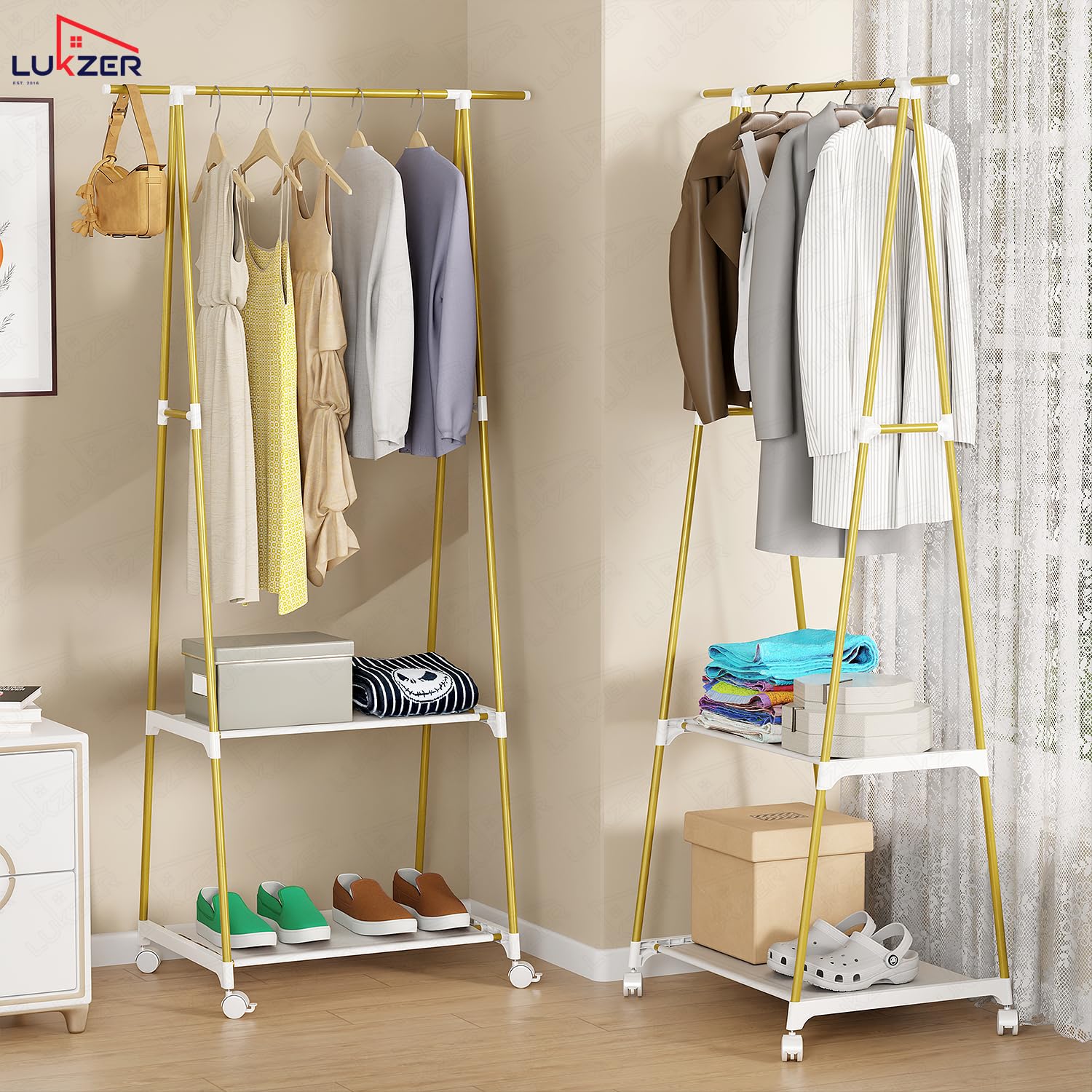 Lukzer A-Shaped Metal Garment Stand with Dual Storage Shelves & Wheels (MGR-010/Olive Yellow)