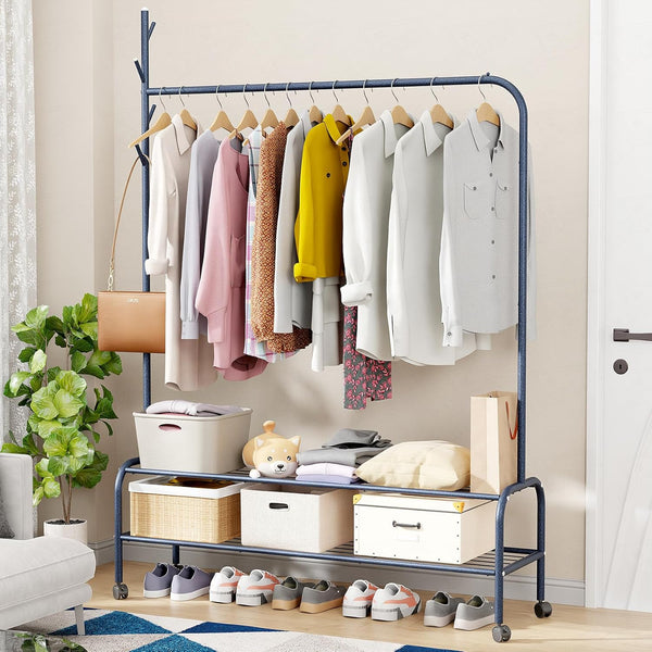 Lukzer Single Pole Portable Metal Garment Rack with 2 Bottom Shelves (MGR-008/Deep Sea)