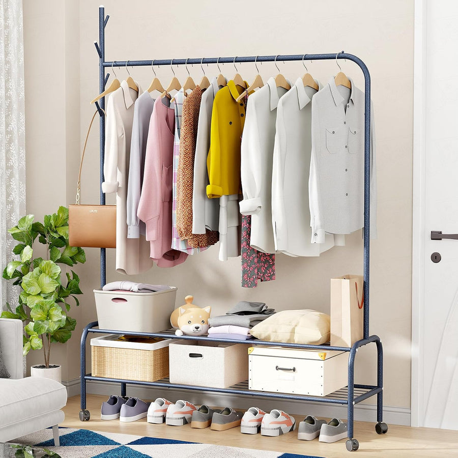 Lukzer Single Pole Portable Metal Garment Rack with 2 Bottom Shelves (MGR-008/Deep Sea)