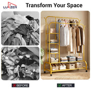 Lukzer Metal Garment Stand with 6 Shelves & Double Rods with Side Hooks & Wheels (MGS-008/Gold)