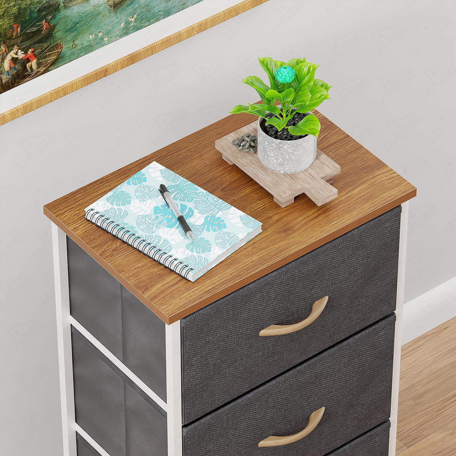 Lukzer 4-Drawer Fabric Storage Organizer for Closet (MMR-002/White & Oak Brown)
