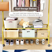 Lukzer Metal Garment Rack with Wheels & Double Bottom Storage Shelves (MGR-006/Gold)