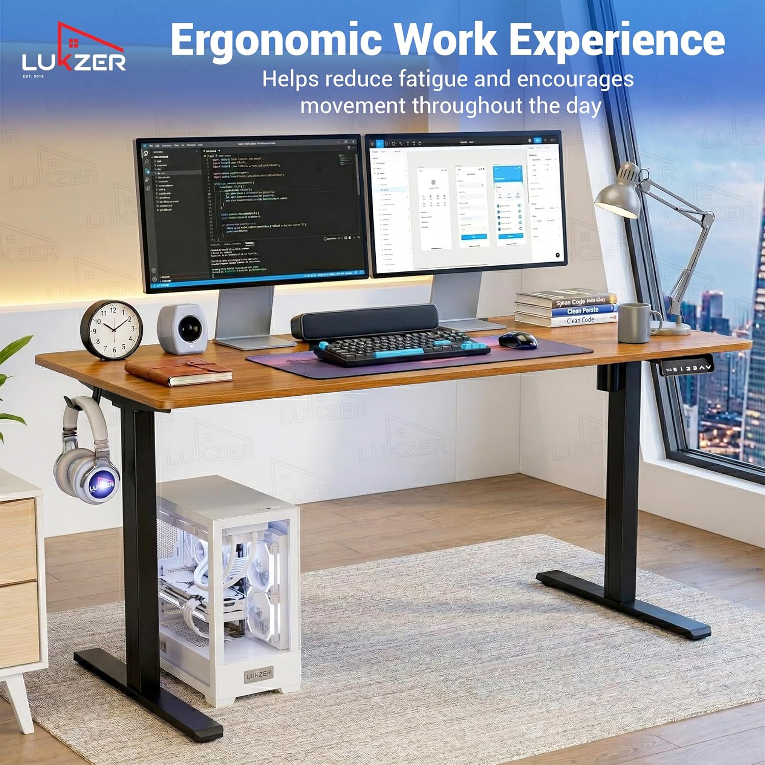 Lukzer Dual Motor Electric Height Adjustable Desk Memory Controller Standing Table EST-002/Black & Oak Brown)