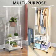Lukzer A-Shaped Metal Garment Stand with Dual Storage Shelves & Wheels (MGR-010/White)