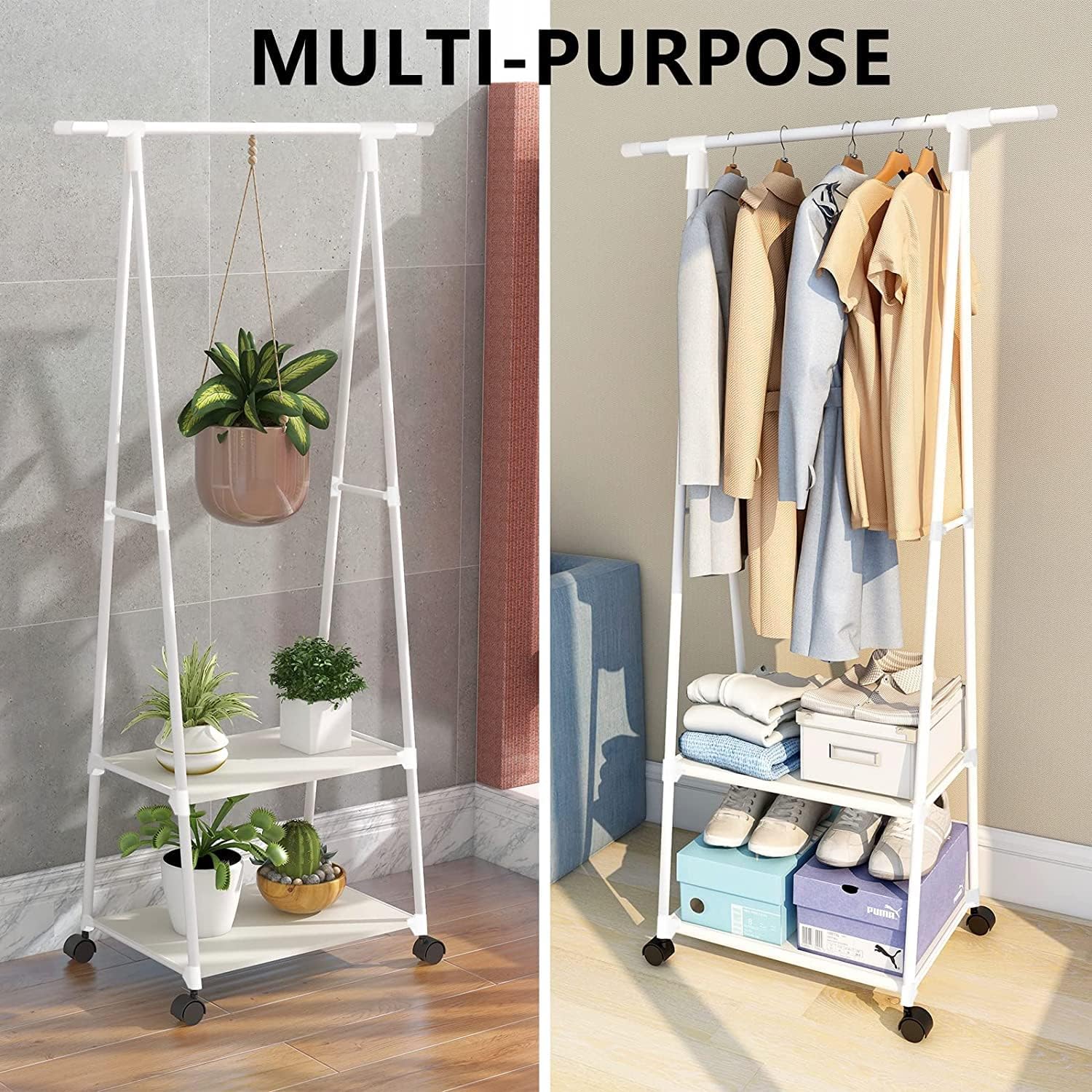 Lukzer A-Shaped Metal Garment Stand with Dual Storage Shelves & Wheels (MGR-010/White)