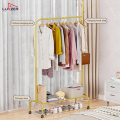 Lukzer Metal Garment Rack with Wheels & 1 Bottom Storage Shelf (MGR-005/Gold)