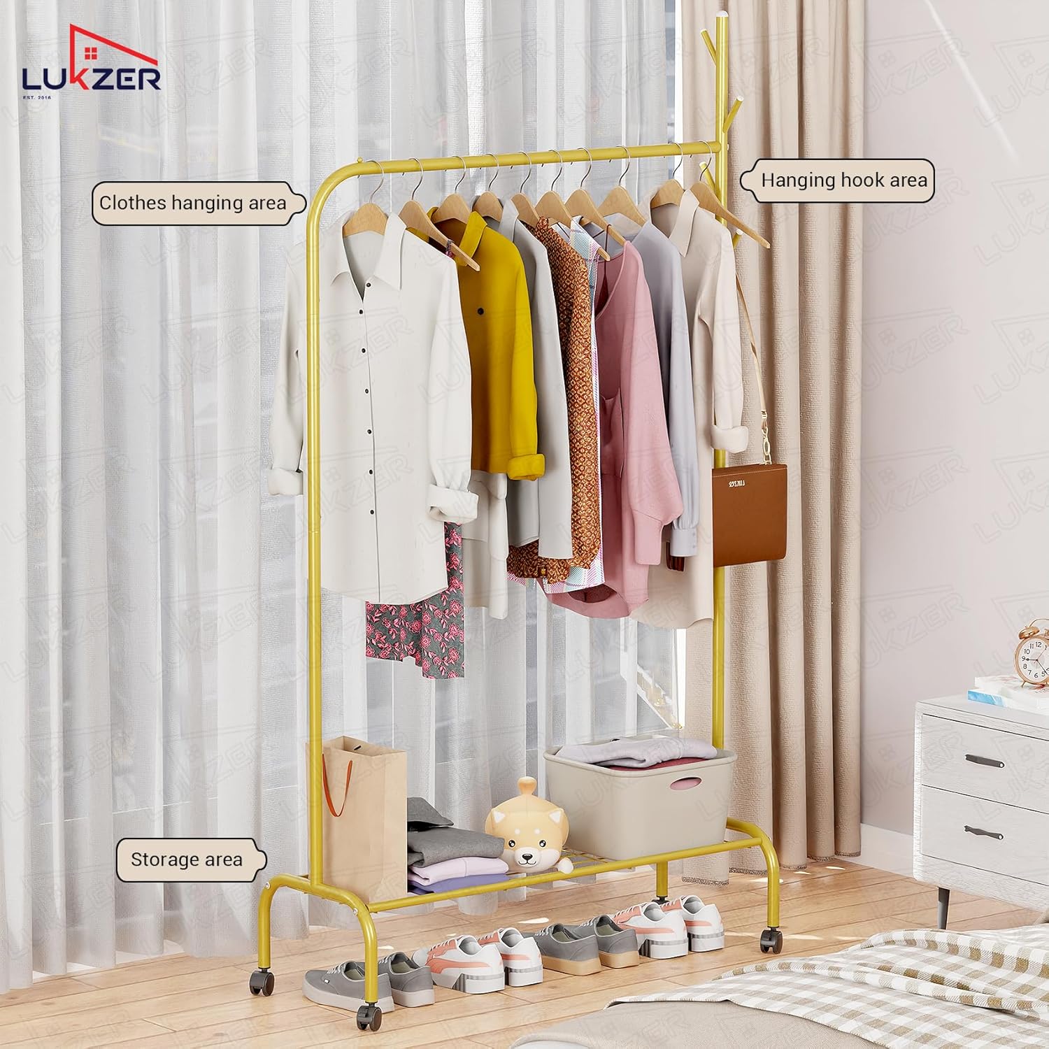 Lukzer Metal Garment Rack with Wheels & 1 Bottom Storage Shelf (MGR-005/Gold)