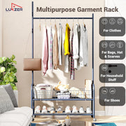 Lukzer Heavy-Duty Portable Metal Clothes Rack with Double Rod & Bottom Shelf (MGR-002/Deep Sea)