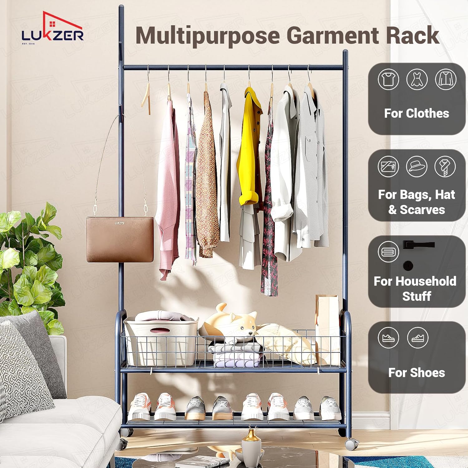 Lukzer Heavy-Duty Portable Metal Clothes Rack with Double Rod & Bottom Shelf (MGR-002/Deep Sea)