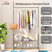 Lukzer Heavy-Duty Portable Metal Clothes Rack with Double Rod & Bottom Shelf (MGR-002/Grey)