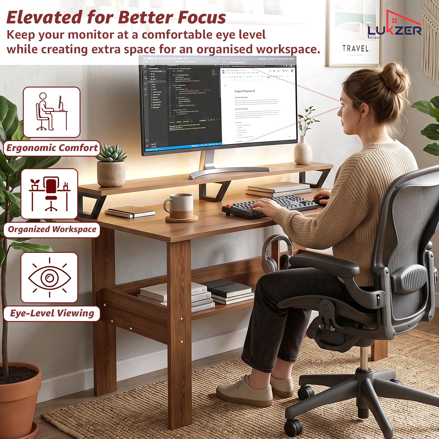 Lukzer Study Table with Monitor Riser & Open Book Shelf (MST-004/Oak Brown)