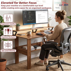 Lukzer Study Table with Monitor Riser & Open Book Shelf (MST-004/Oak Brown)