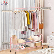 Lukzer Metal Single Rod Clothes Hanging Stand with Double Shelf & Lockable Wheels (MGR-004/Pink)