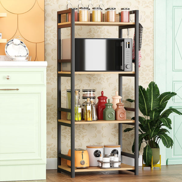 Lukzer 4-Tier Multipurpose Metal & Wood Kitchen Storage Rack (MKR-004/Oak Light with Black)