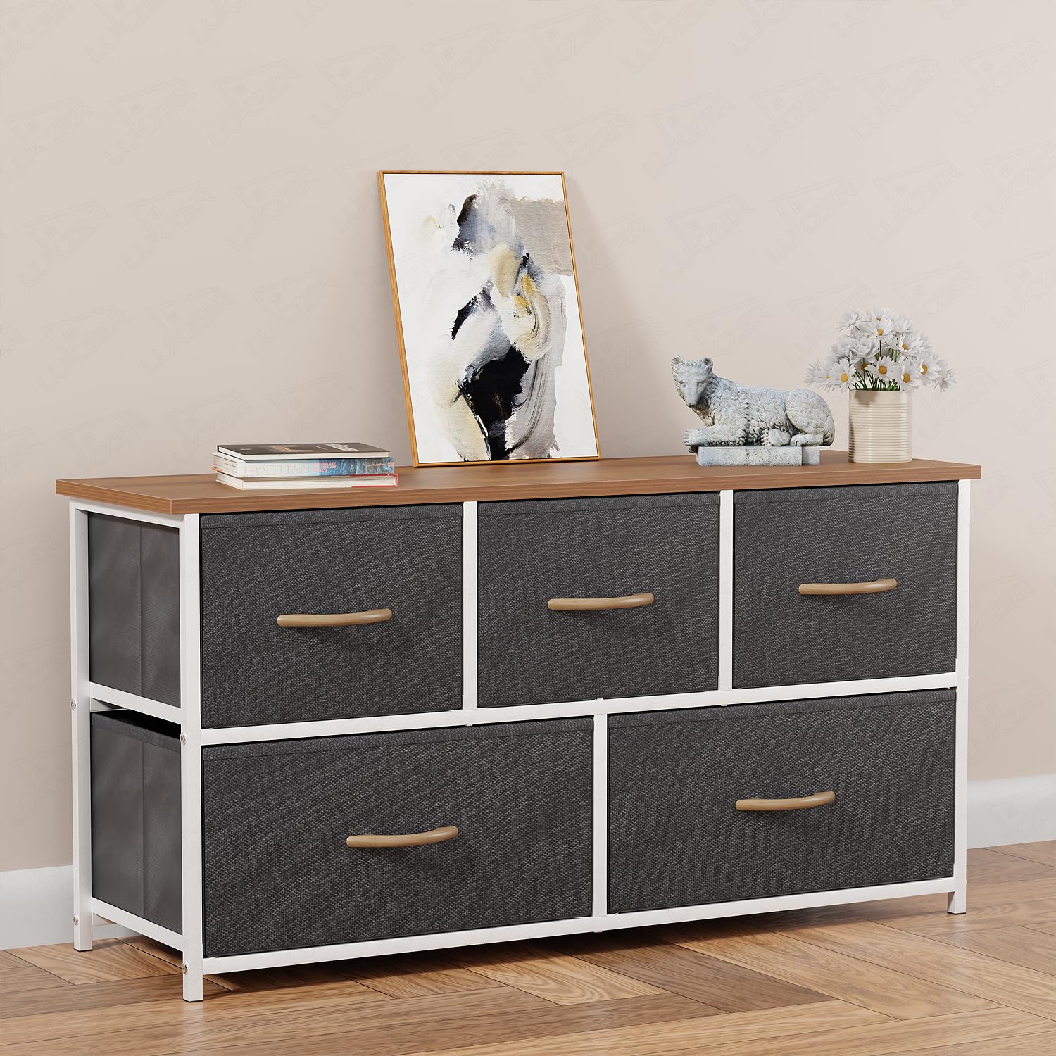 Lukzer 5-Drawer Fabric Storage Organizer for Closet (MMR-003/White & Oak Brown)