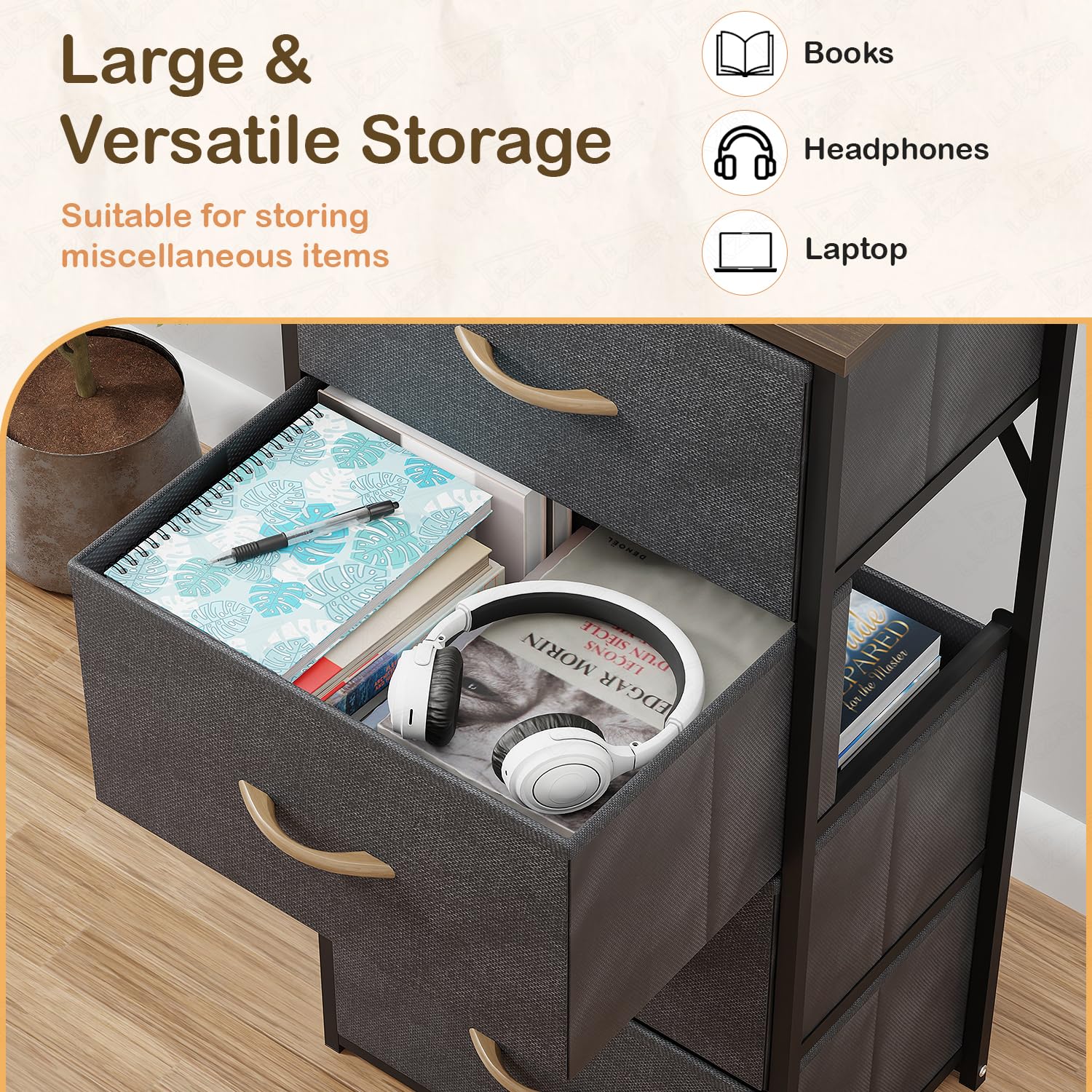 Lukzer 4-Drawer Fabric Storage Organizer for Closet (MMR-002/Black & Wenge)