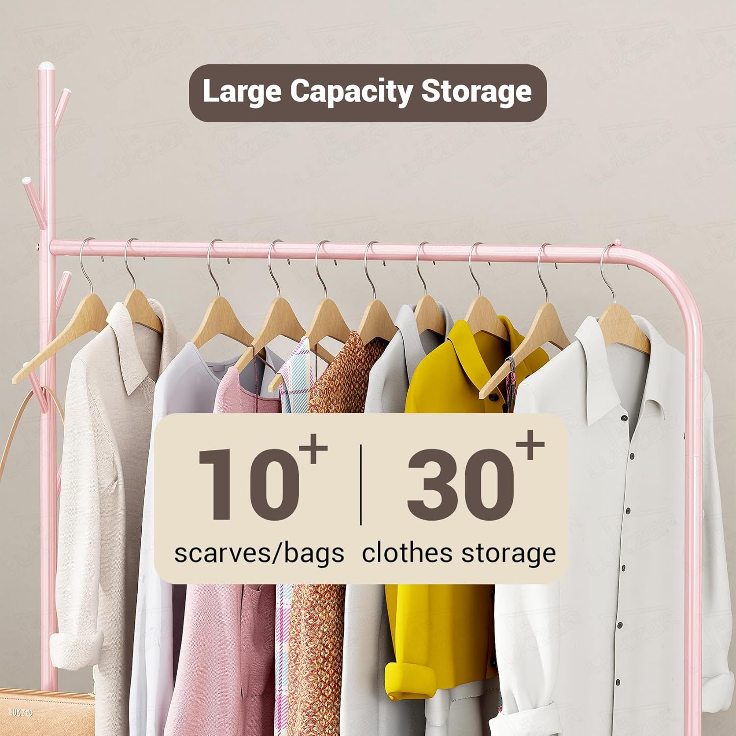 Lukzer Metal Garment Rack with Wheels & Double Bottom Storage Shelves (MGR-006/Pink)
