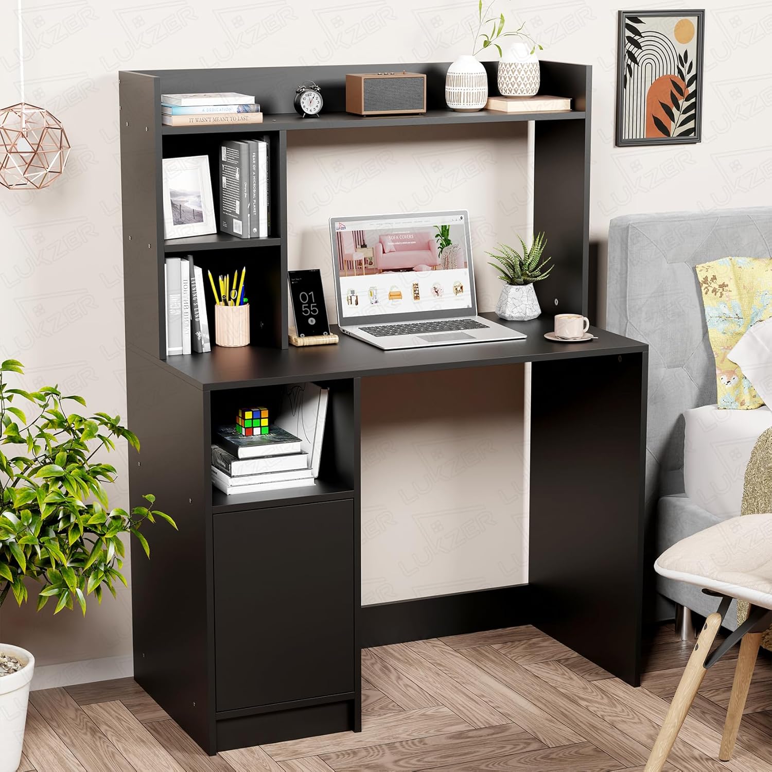 Lukzer Engineered Wood Office Desk & Study Table with Bookshelf & Cabinet (ST-009/Black)