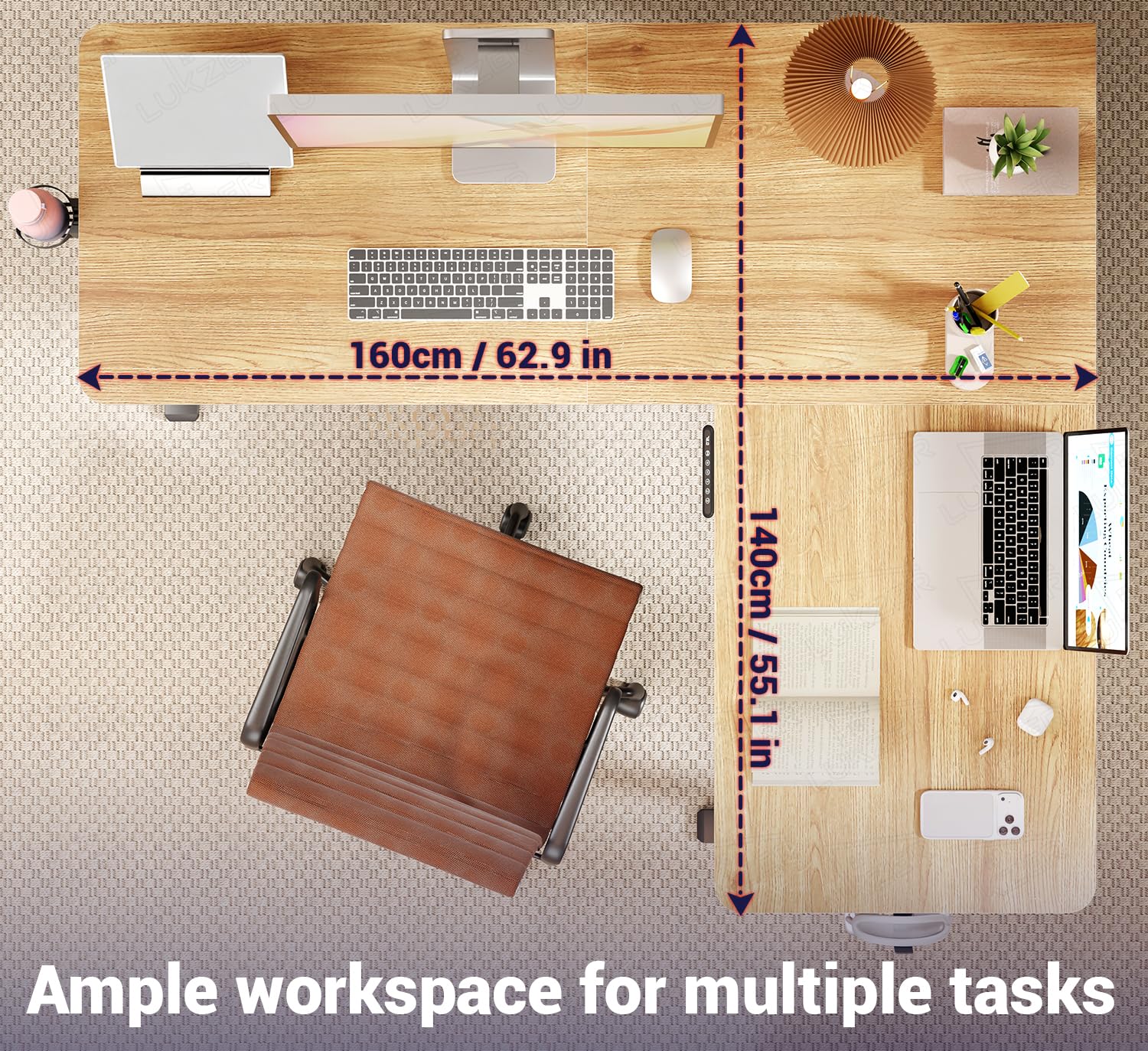 Lukzer L-Shape Electric Height Adjustable Study Desk (EST-001/Black & Oak Light)