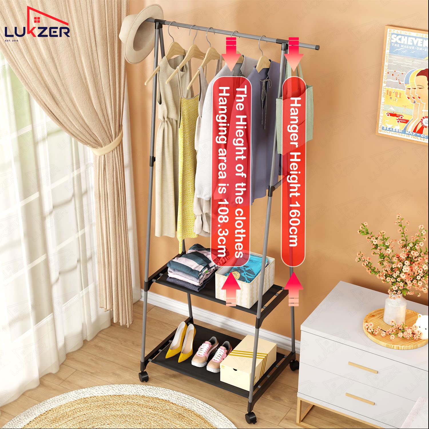 Lukzer A-Shaped Metal Garment Stand with Dual Storage Shelves & Wheels (MGR-010/Grey)