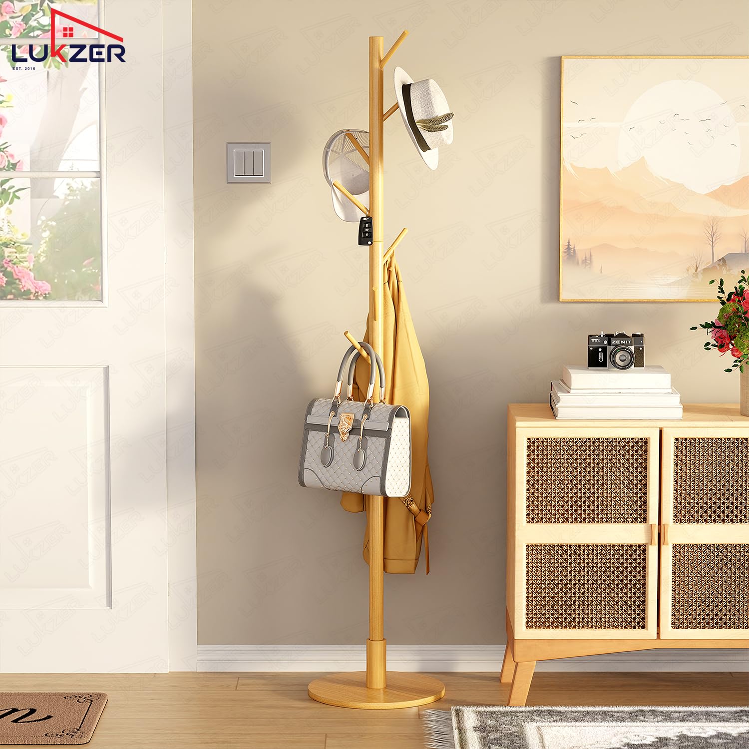 Lukzer 8-Hook Bamboo Coat Stand with Round Base (CH-492)