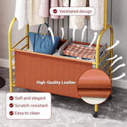 Lukzer Metal Clothes Rail Stand with Leather Storage Bin & Wheels (MGR-009/Gold)