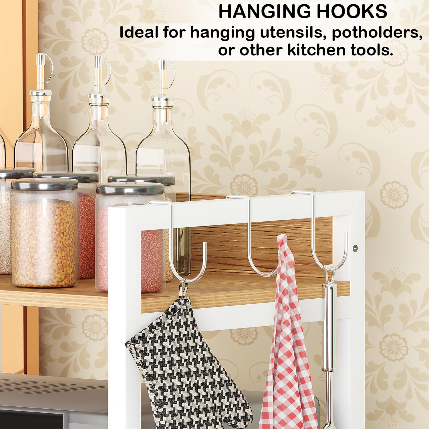 Lukzer 4-Tier Multipurpose Metal & Wood Kitchen Storage Rack (MKR-004/Oak Light with White)
