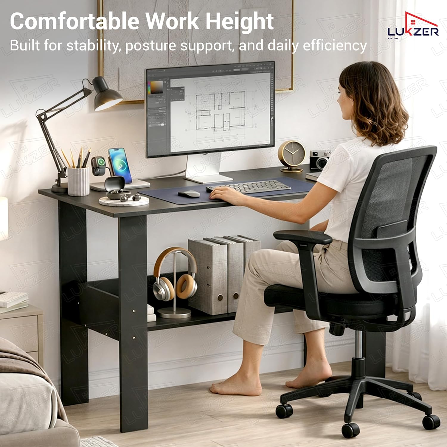 Lukzer Engineered Wood Modern Computer Desk with Bookshelf Study Table (ST-004/Black)