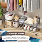 Lukzer Metal Single Rod Clothes Hanging Stand with Double Shelf & Lockable Wheels (MGR-004/Grey)