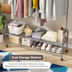 Lukzer Metal Single Rod Clothes Hanging Stand with Double Shelf & Lockable Wheels (MGR-004/Grey)