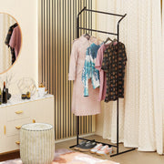 Lukzer Multi-Functional Cloth Rack Stand with Bottom Shelves & Wheels – Cat Ear Design (148x120x38cm, Black/Gold/White)