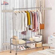 Lukzer Metal Single Rod Clothes Hanging Stand with Double Shelf & Lockable Wheels (MGR-004/Grey)