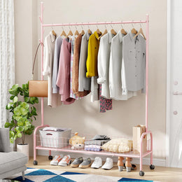 Lukzer Metal Single Rod Clothes Hanging Stand with Bottom Shelf & Lockable Wheels (MGR-003/Pink)