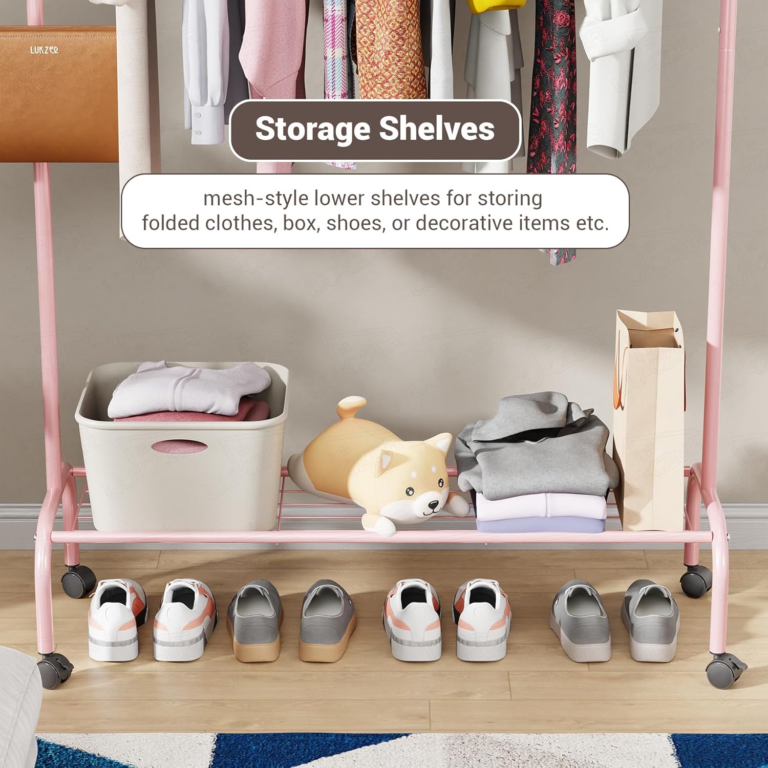 Lukzer Metal Garment Rack with Wheels & 1 Bottom Storage Shelf (MGR-005/Pink)