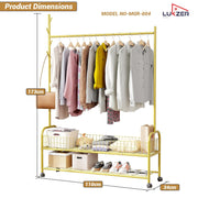 Lukzer Metal Single Rod Clothes Hanging Stand with Double Shelf & Lockable Wheels (MGR-004/Gold)