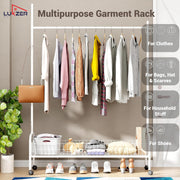Lukzer Metal Single Rod Clothes Hanging Stand with Bottom Shelf & Lockable Wheels (MGR-003/White)