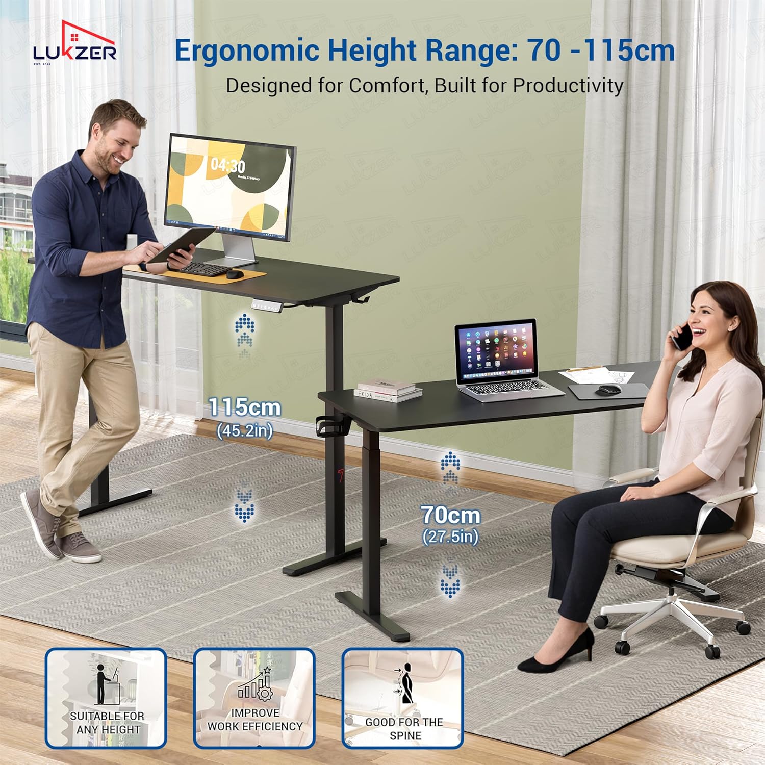 Lukzer Dual Motor Electric Height Adjustable Desk Memory Controller Standing Table EST-002/Black & Black)