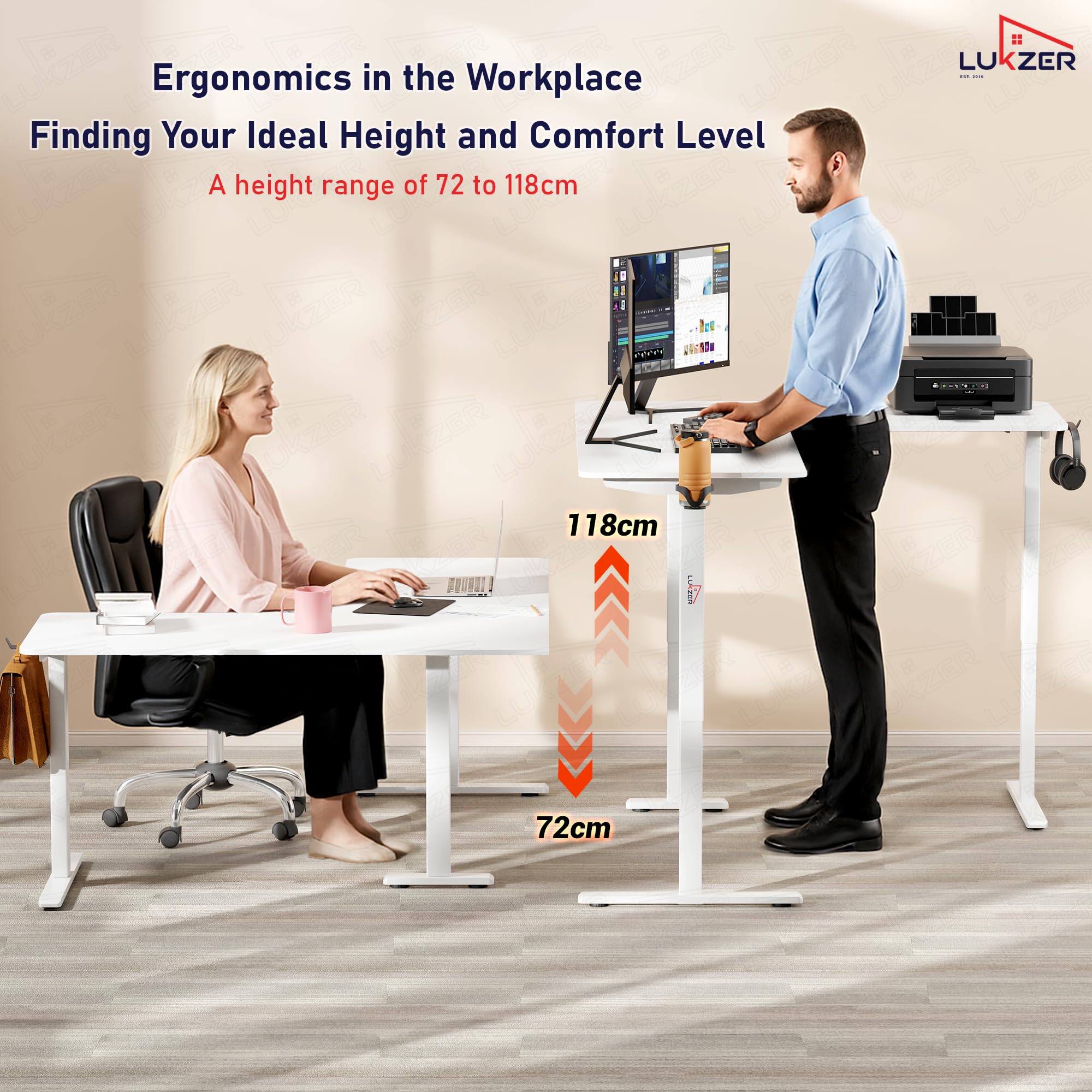 Lukzer L-Shape Electric Height Adjustable Study Desk (EST-001/White & White) 3-Years Warranty