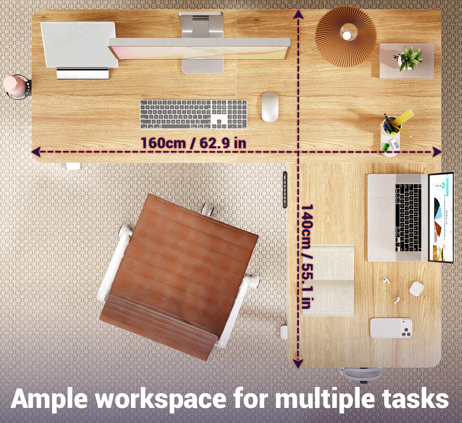 Lukzer L-Shape Electric Height Adjustable Study Desk (EST-001/White & Oak Light)