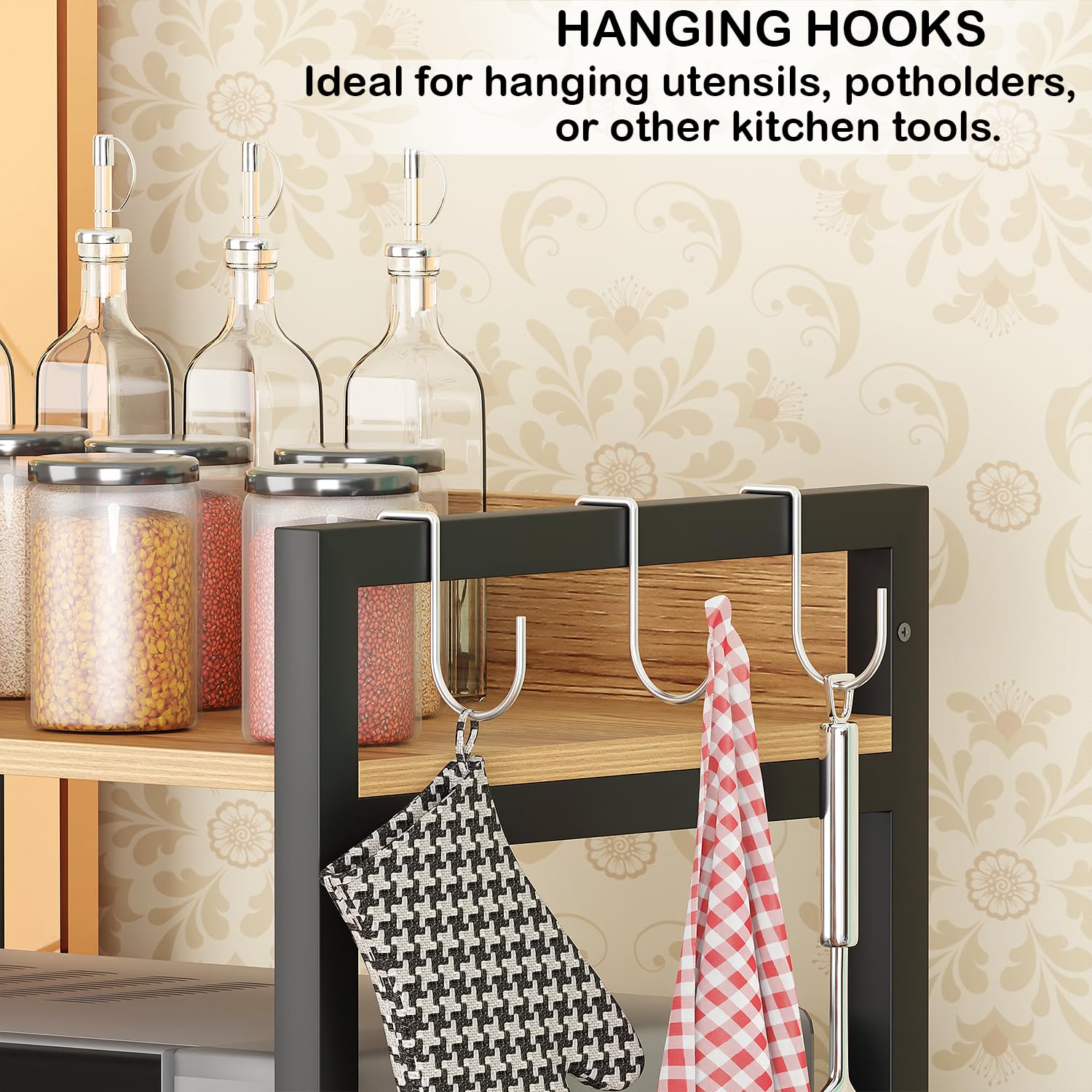 Lukzer 4-Tier Multipurpose Metal & Wood Kitchen Storage Rack (MKR-004/Oak Light with Black)