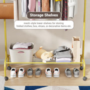 Lukzer Metal Garment Rack with Wheels & 1 Bottom Storage Shelf (MGR-005/Gold)