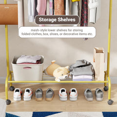 Lukzer Metal Garment Rack with Wheels & 1 Bottom Storage Shelf (MGR-005/Gold)