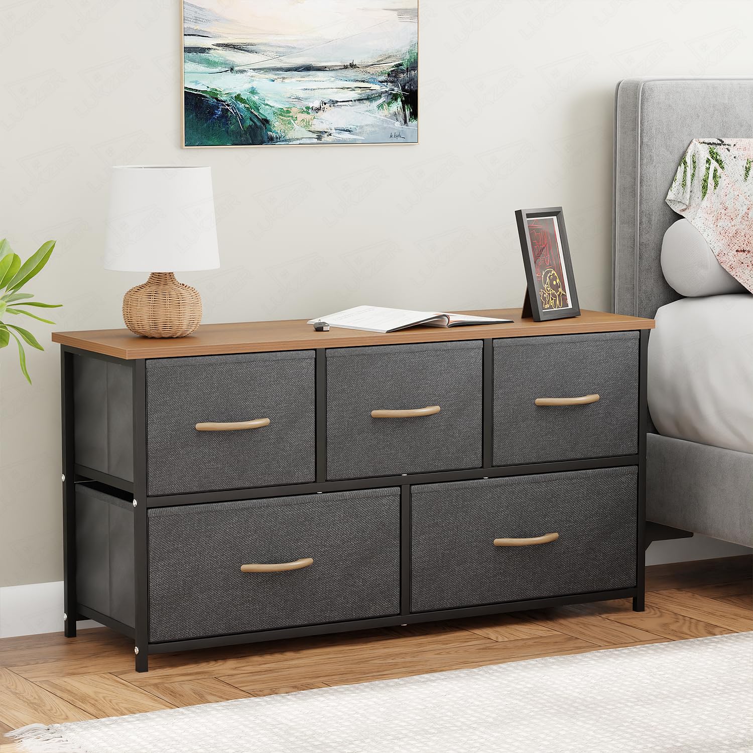 Lukzer 5-Drawer Fabric Storage Organizer for Closet (MMR-003/Black & Oak Brown)
