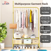 Lukzer Metal Garment Rack with Wheels & Double Bottom Storage Shelves (MGR-006/Gold)