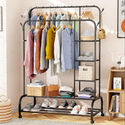 Lukzer Metal Garment Stand with 6 Shelves & Double Rods with Side Hooks & Wheels (MGS-008/Black)