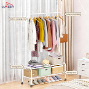 Lukzer Metal Garment Rack with Wheels & Double Bottom Storage Shelves (MGR-006/White)