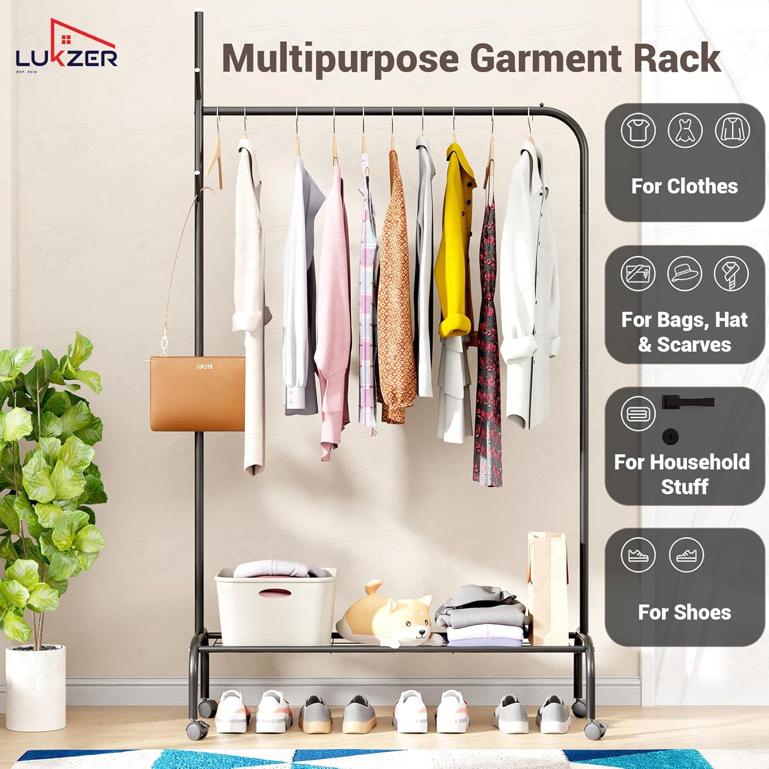 Lukzer Metal Garment Rack with Wheels & 1 Bottom Storage Shelf (MGR-005/Black)