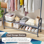 Lukzer Metal Single Rod Clothes Hanging Stand with Double Shelf & Lockable Wheels (MGR-004/Deep Sea)