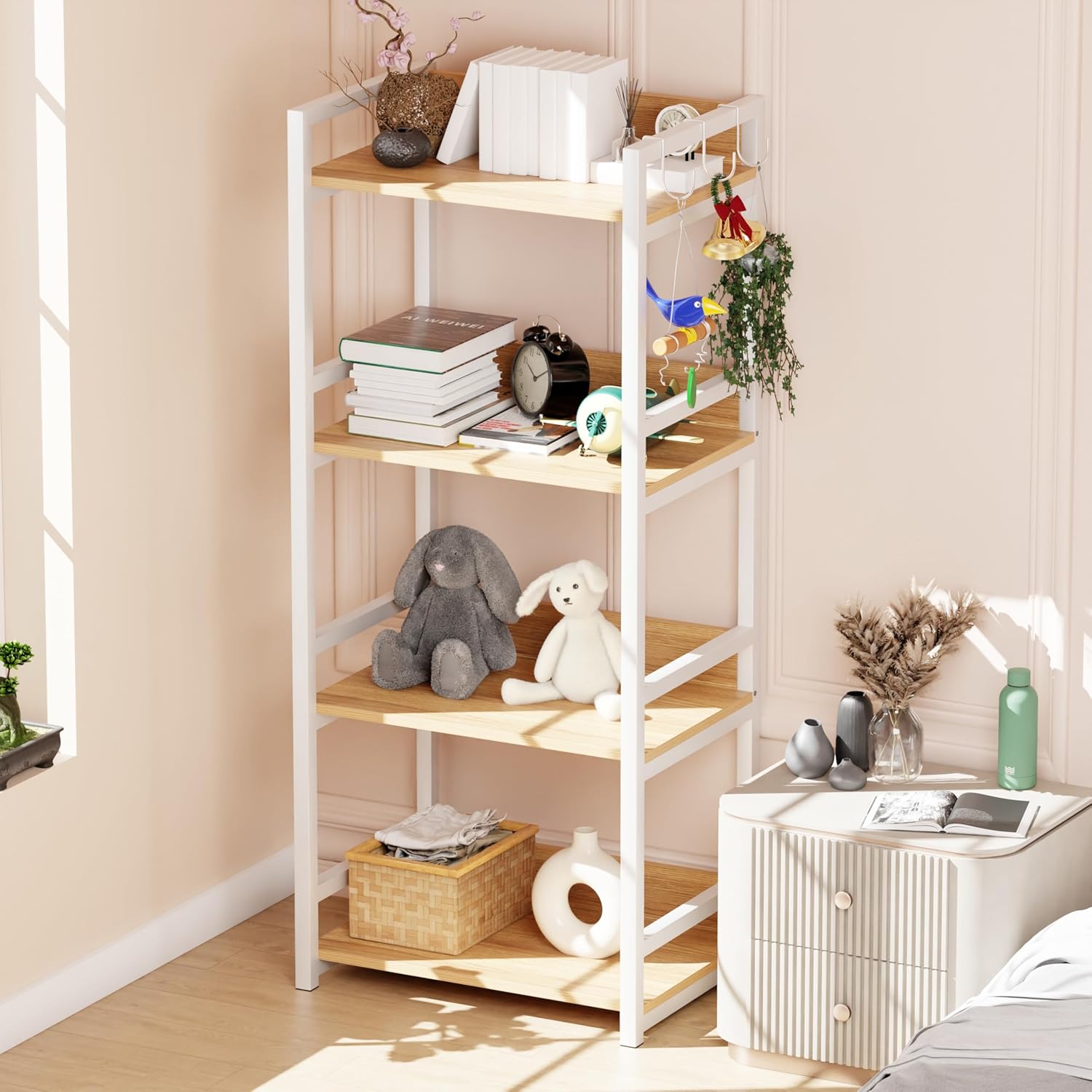 Lukzer 4-Tier Multipurpose Metal & Wood Kitchen Storage Rack (MKR-004/Oak Light with White)
